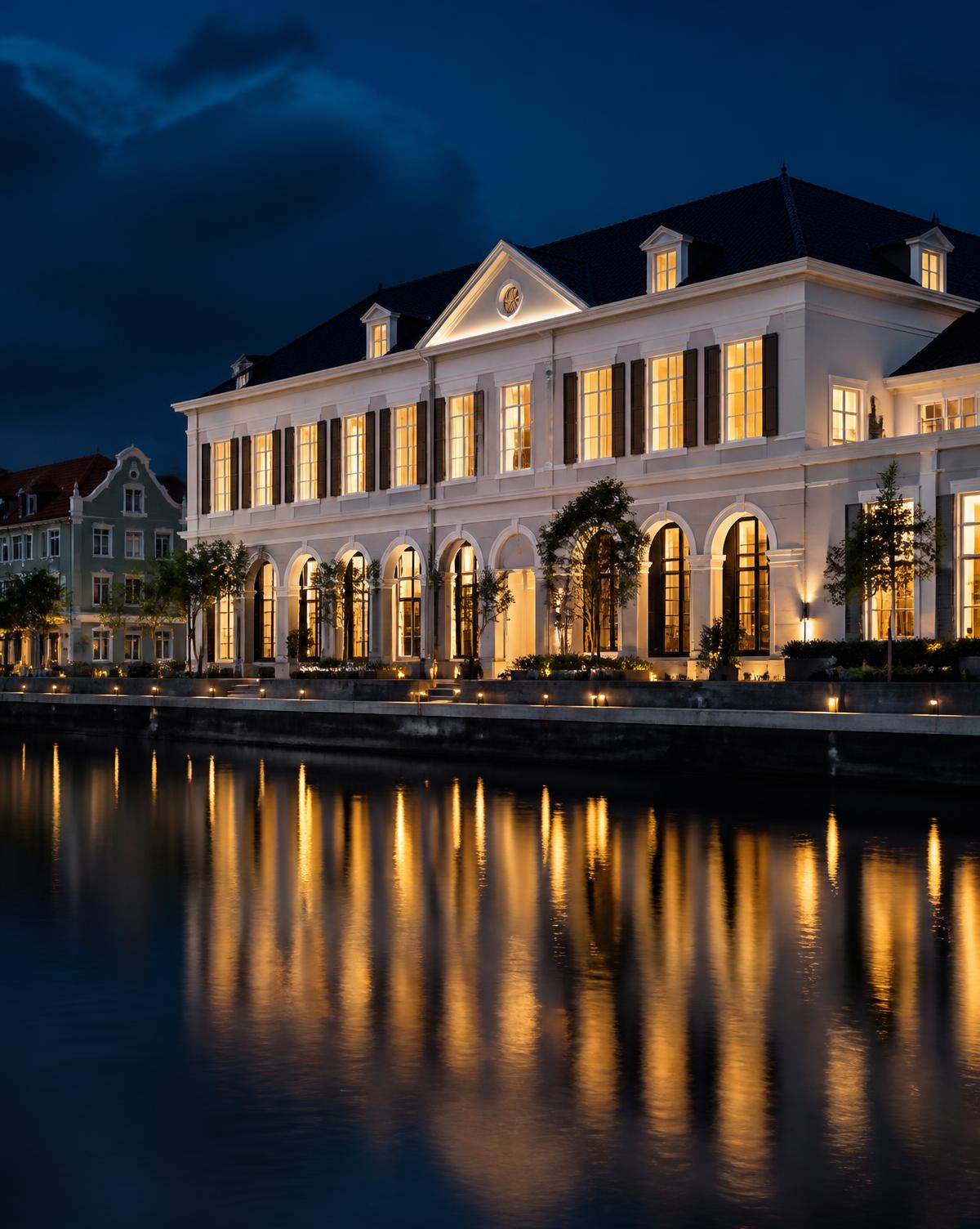 Historic waterfront townhouses in Willemstad, Curaçao, lit at dusk